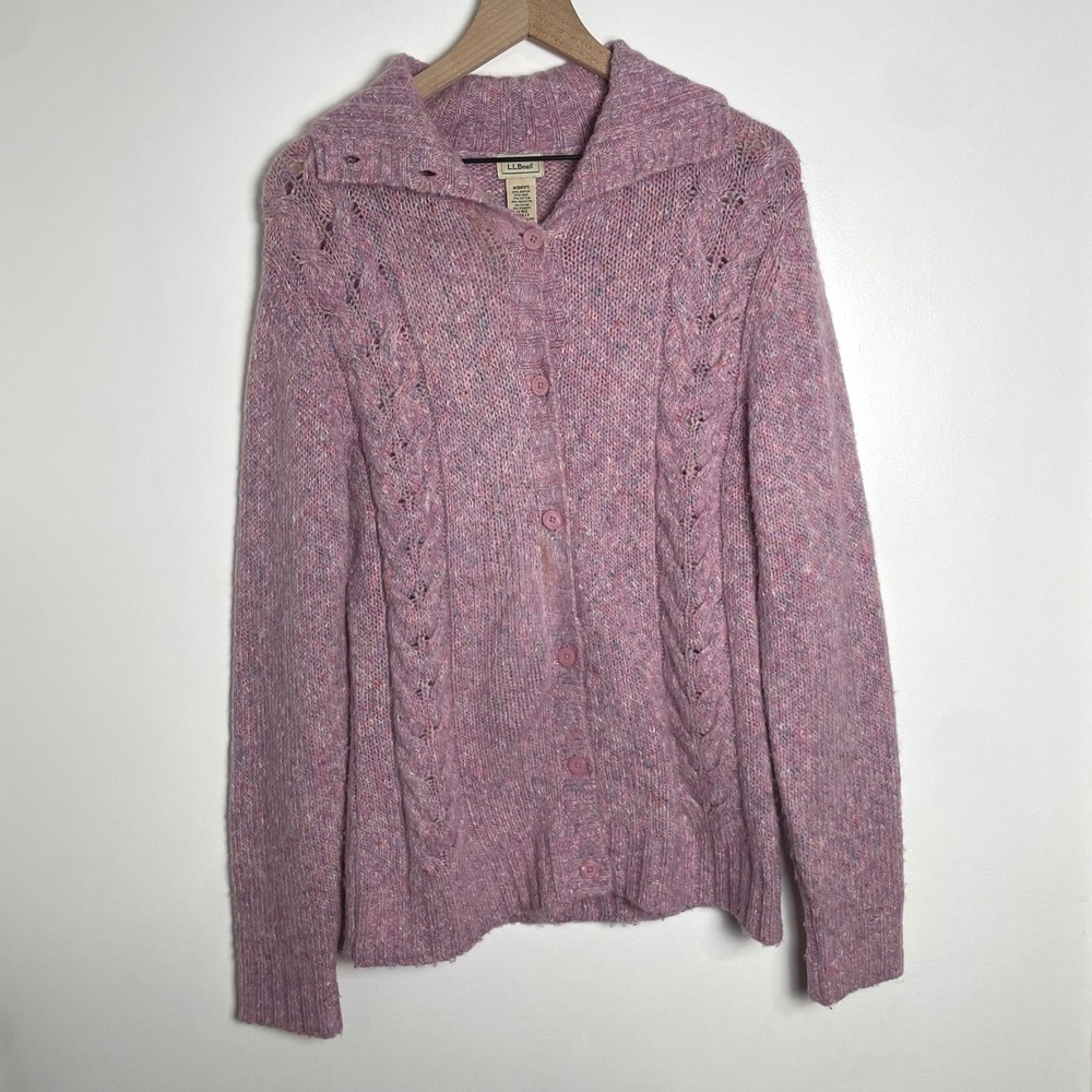 LL Bean Cardigan Sweater Women Medium Pink Purple Cable Knit Wool Blend Preppy
